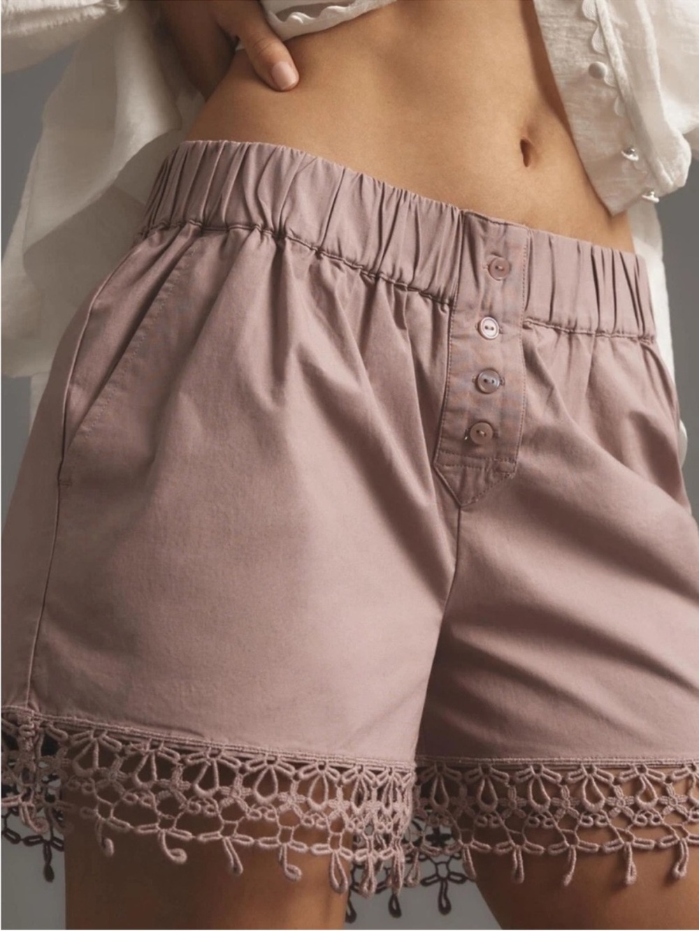 Anthropologie Crochet Hem Shorts — Dusty Mauve Lavender Color Size XS